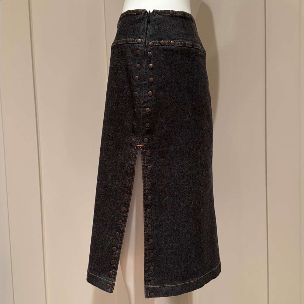 MOCHINO JEANS DENIM SKIRT WITH ALLOVER RIVETS AND THIGH HIGH SIDE SLITS US 6